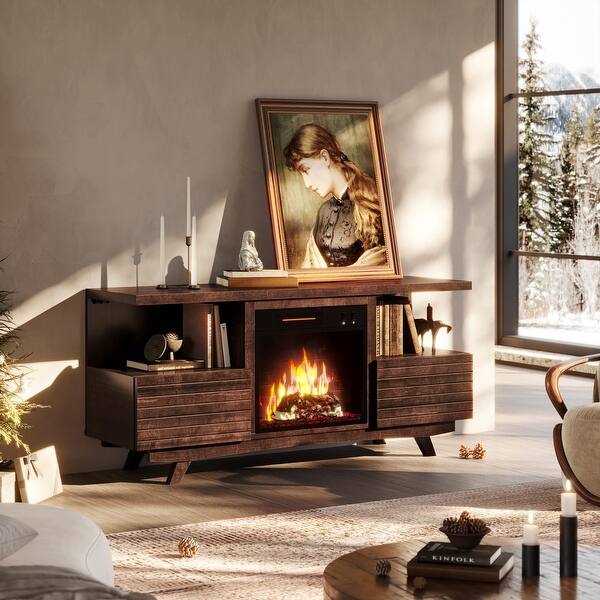 56" MidCentury Fireplace TV Stand for up to 60" TVs with Storage